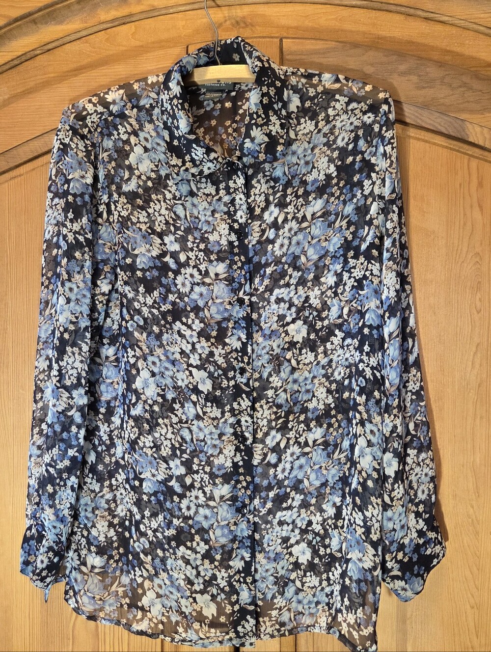Women's Notations Sheer Blue Floral Long Sleeve Blouse Size M NWOT
